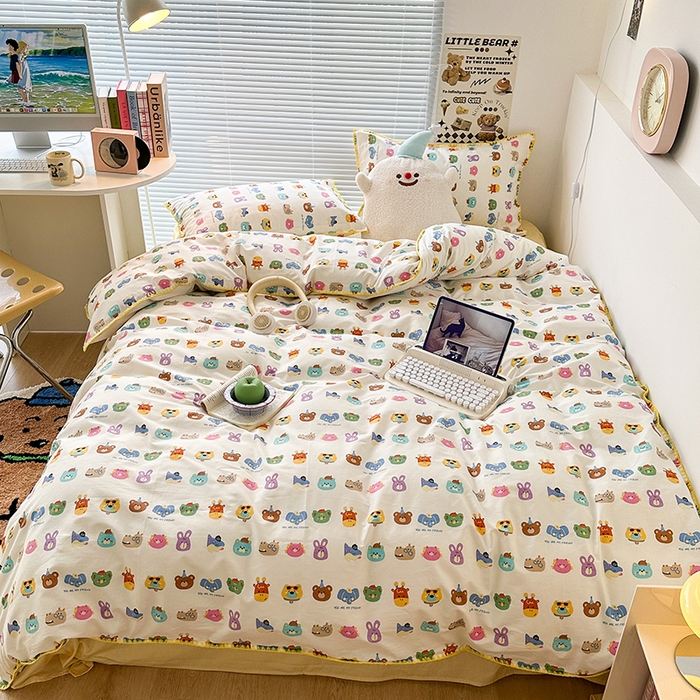 91家纺网 家纺一手货源 找家纺 2023新款全棉印花贝壳三角针四件套 趣味动物集