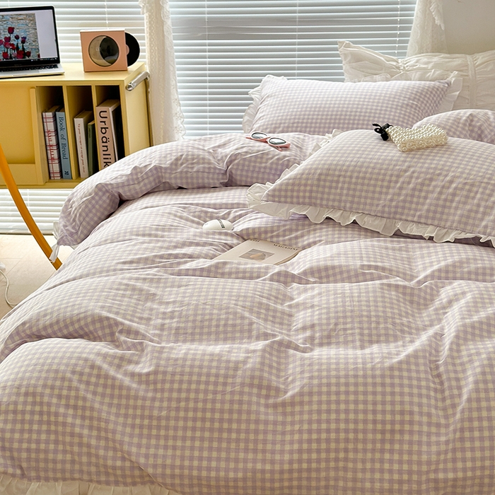 91家纺网 家纺一手货源 找家纺 （总）昔可家纺 2023新款全棉花边款小格子四件套