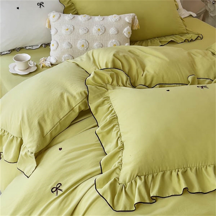 91家纺网 家纺一手货源 找家纺 梦可莱 2023新款水洗棉蝴蝶结花边刺绣四件套 蝴蝶结-牛油果绿