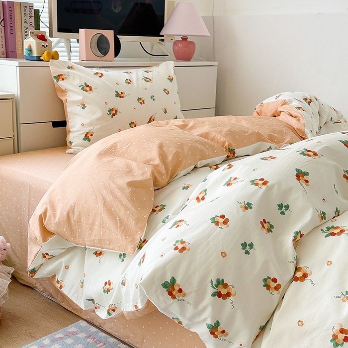 91家纺网 家纺一手货源 找家纺 昔可家纺 2023新款全棉治愈风小碎花四件套 橙葡萄