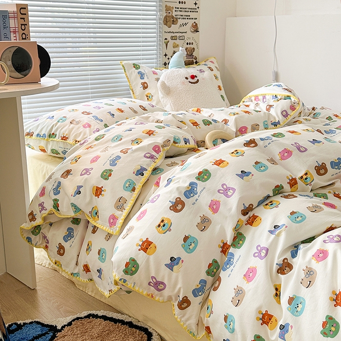 91家纺网 家纺一手货源 找家纺 2023新款全棉印花贝壳三角针四件套 趣味动物集