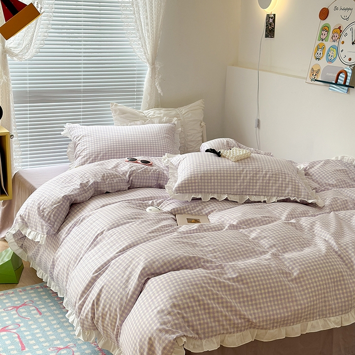 91家纺网 家纺一手货源 找家纺 （总）昔可家纺 2023新款全棉花边款小格子四件套