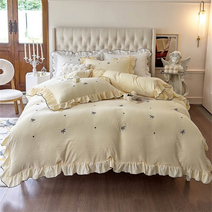 91家纺网 家纺一手货源 找家纺 梦可莱 2023新款水洗棉蝴蝶结花边刺绣四件套 蝴蝶结-黄