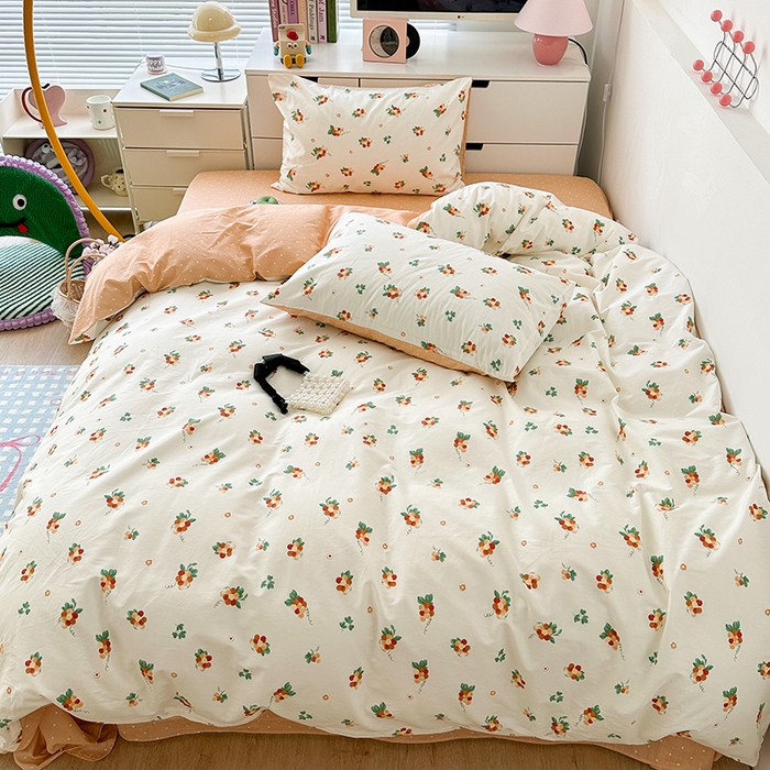 91家纺网 家纺一手货源 找家纺 昔可家纺 2023新款全棉治愈风小碎花四件套 橙葡萄