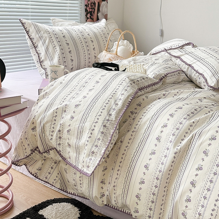 91家纺网 家纺一手货源 找家纺 2023新款全棉印花贝壳三角针四件套 紫色小玫瑰花