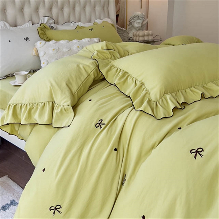 91家纺网 家纺一手货源 找家纺 梦可莱 2023新款水洗棉蝴蝶结花边刺绣四件套 蝴蝶结-牛油果绿