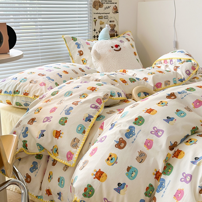 91家纺网 家纺一手货源 找家纺 2023新款全棉印花贝壳三角针四件套 趣味动物集