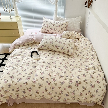 昔可家纺 2023新款全棉治愈风小碎花四件套 海棠紫