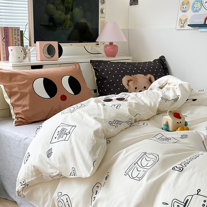 91家纺网 家纺一手货源 找家纺 昔可家纺 2023新款全棉大版数码枕套四件套 涂鸦早餐