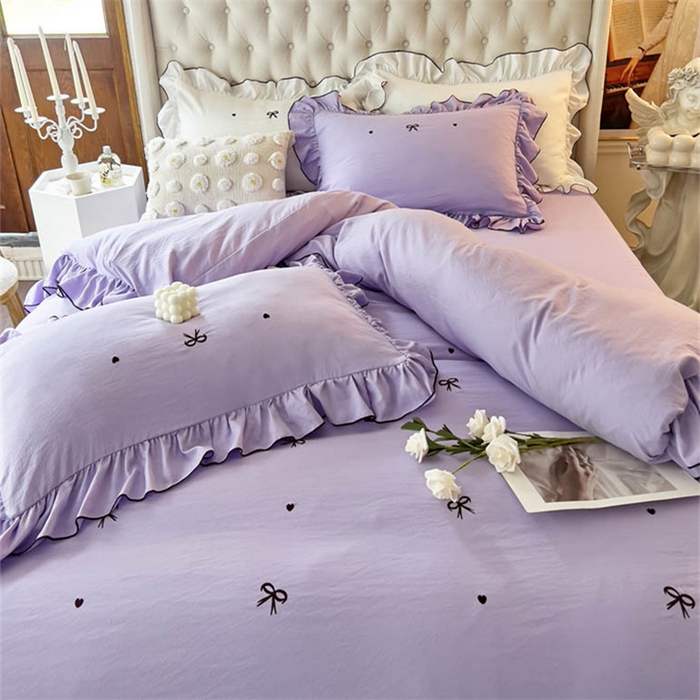 91家纺网 家纺一手货源 找家纺 梦可莱 2023新款水洗棉蝴蝶结花边刺绣四件套 蝴蝶结-紫