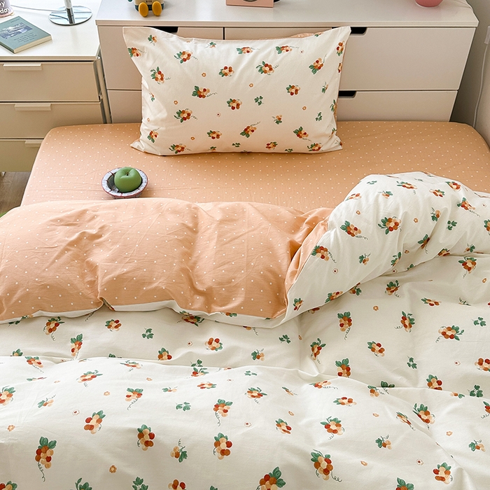 91家纺网 家纺一手货源 找家纺 昔可家纺 2023新款全棉治愈风小碎花四件套 橙葡萄