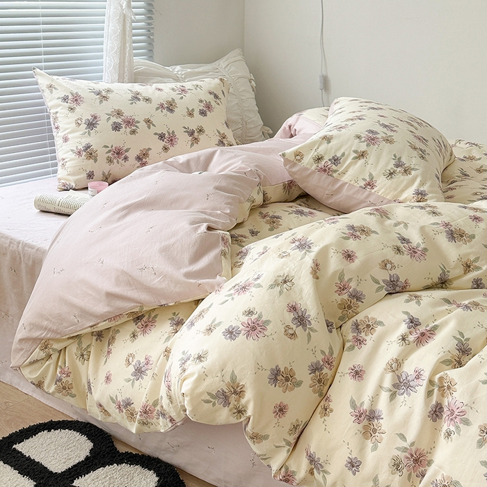 91家纺网 家纺一手货源 找家纺 昔可家纺 2023新款全棉治愈风小碎花四件套 海棠紫