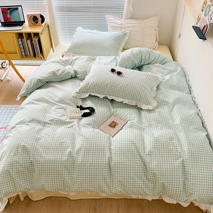 91家纺网 家纺一手货源 找家纺 （总）昔可家纺 2023新款全棉花边款小格子四件套