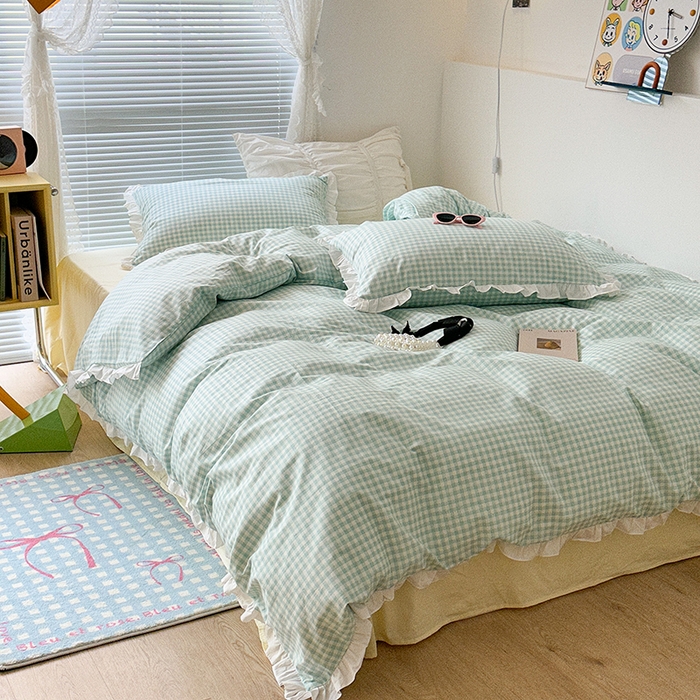 91家纺网 家纺一手货源 找家纺 昔可家纺 2023新款全棉花边款小格子四件套 蓝绿格