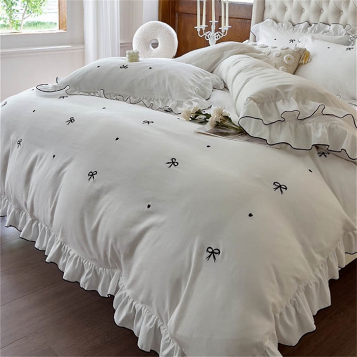 91家纺网 家纺一手货源 找家纺 （总）梦可莱 2023新款水洗棉蝴蝶结花边刺绣四件套