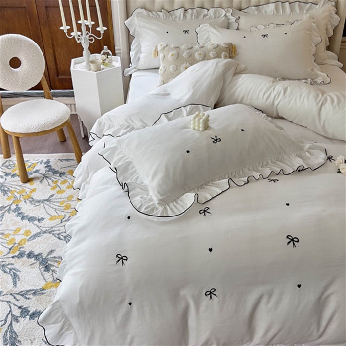 91家纺网 家纺一手货源 找家纺 （总）梦可莱 2023新款水洗棉蝴蝶结花边刺绣四件套