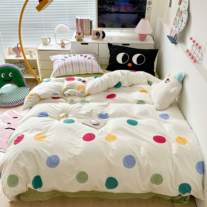 91家纺网 家纺一手货源 找家纺 昔可家纺 2023新款全棉大版数码枕套四件套 彩色波点