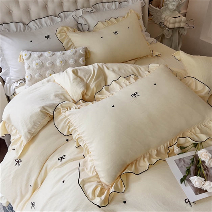 91家纺网 家纺一手货源 找家纺 梦可莱 2023新款水洗棉蝴蝶结花边刺绣四件套 蝴蝶结-黄