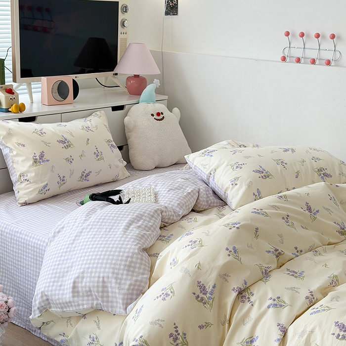 91家纺网 家纺一手货源 找家纺 昔可家纺 2023新款全棉治愈风小碎花四件套 紫薰衣草