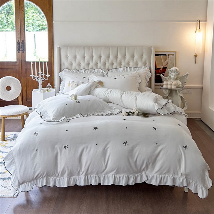 91家纺网 家纺一手货源 找家纺 （总）梦可莱 2023新款水洗棉蝴蝶结花边刺绣四件套