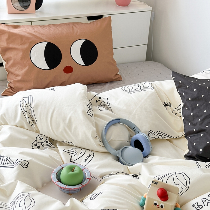 91家纺网 家纺一手货源 找家纺 昔可家纺 2023新款全棉大版数码枕套四件套 涂鸦早餐