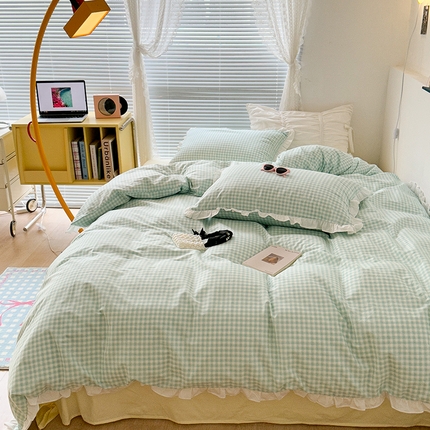 昔可家纺 2023新款全棉花边款小格子四件套 蓝绿格