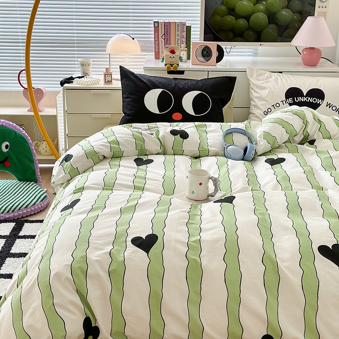 91家纺网 家纺一手货源 找家纺 昔可家纺 2023新款全棉大版数码枕套四件套 绿条爱心