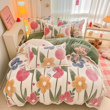 91家纺网 家纺一手货源 找家纺 川悦生活 2023新款立体雪花绒宽边四件套 宽边哈桑花-绿