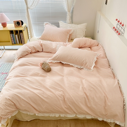 91家纺网 家纺一手货源 找家纺 （总）昔可家纺 2023新款全棉花边款小格子四件套