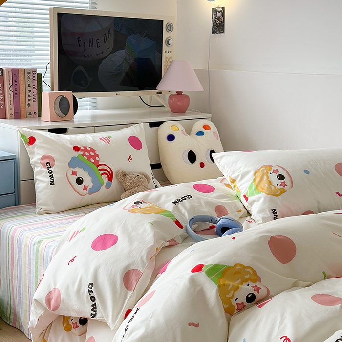 91家纺网 家纺一手货源 找家纺 昔可家纺 2023新款全棉卡通动物印花四件套 波点小丑