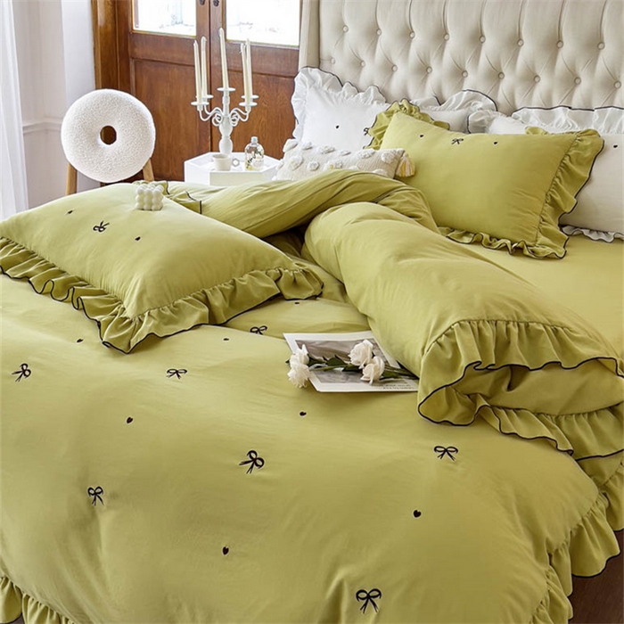 91家纺网 家纺一手货源 找家纺 梦可莱 2023新款水洗棉蝴蝶结花边刺绣四件套 蝴蝶结-牛油果绿