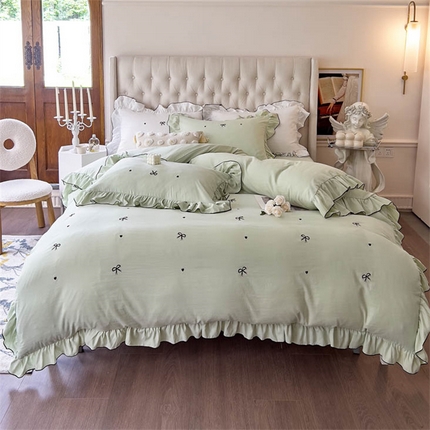 91家纺网 家纺一手货源 找家纺 （总）梦可莱 2023新款水洗棉蝴蝶结花边刺绣四件套