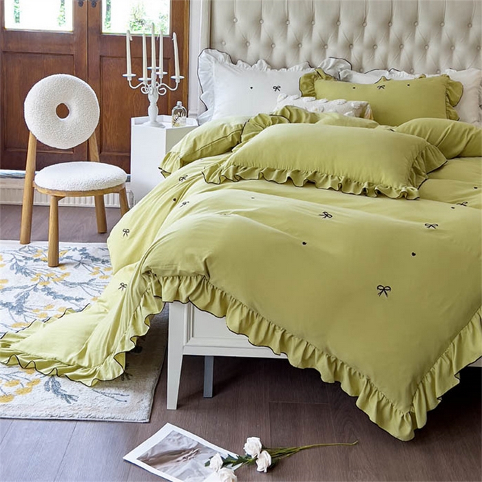 91家纺网 家纺一手货源 找家纺 梦可莱 2023新款水洗棉蝴蝶结花边刺绣四件套 蝴蝶结-牛油果绿