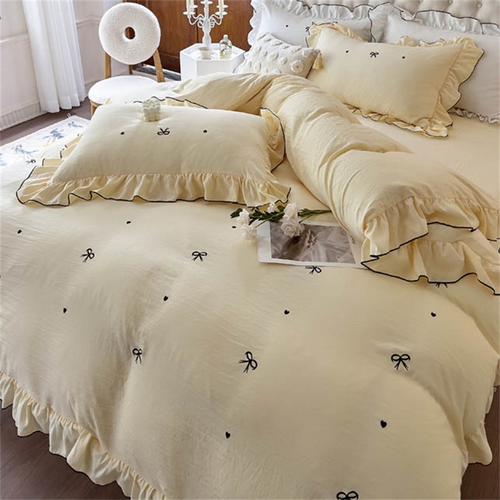 91家纺网 家纺一手货源 找家纺 梦可莱 2023新款水洗棉蝴蝶结花边刺绣四件套 蝴蝶结-黄