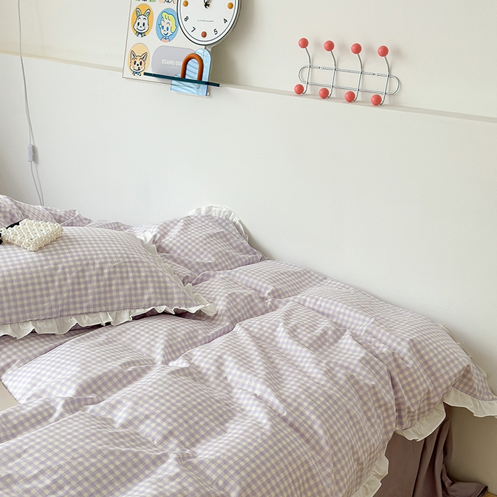 91家纺网 家纺一手货源 找家纺 昔可家纺 2023新款全棉花边款小格子四件套 梦幻紫格