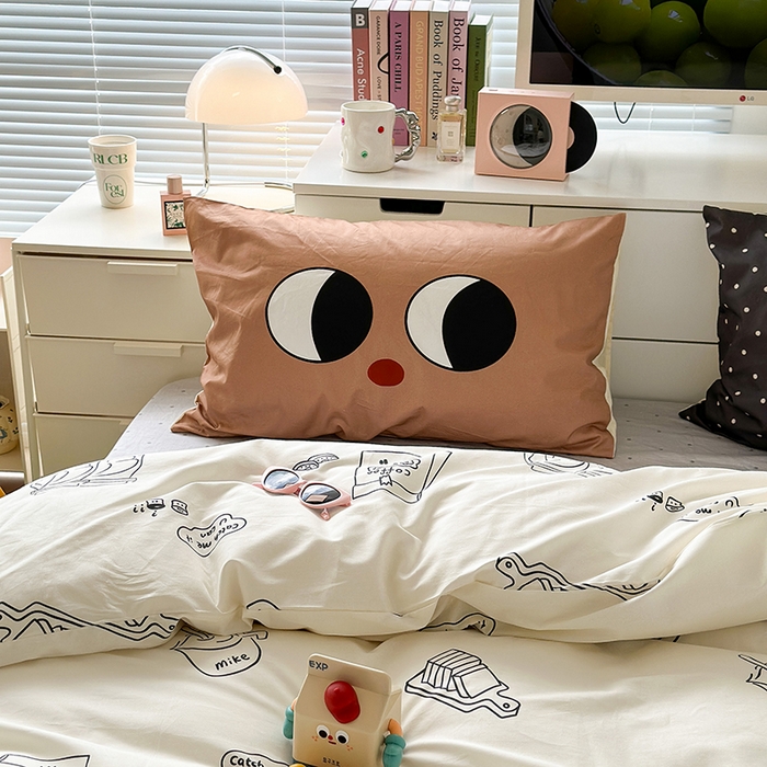 91家纺网 家纺一手货源 找家纺 昔可家纺 2023新款全棉大版数码枕套四件套 涂鸦早餐