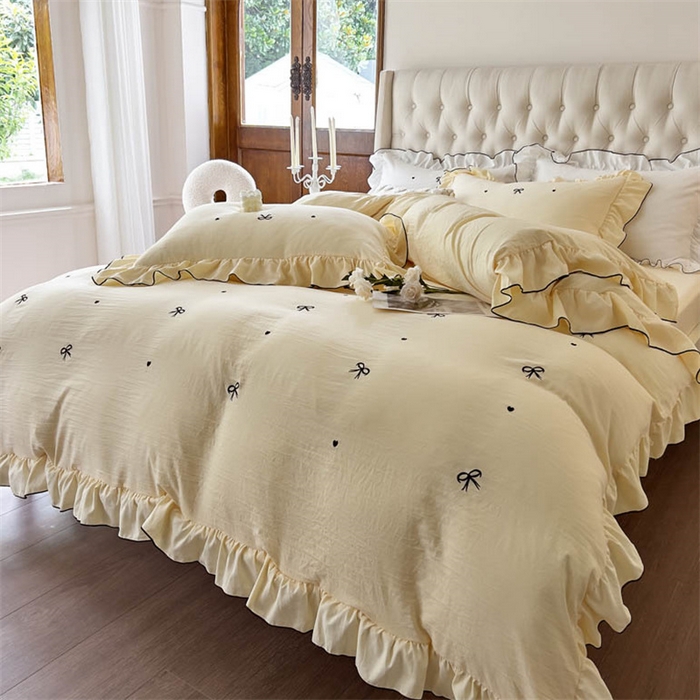 91家纺网 家纺一手货源 找家纺 梦可莱 2023新款水洗棉蝴蝶结花边刺绣四件套 蝴蝶结-黄