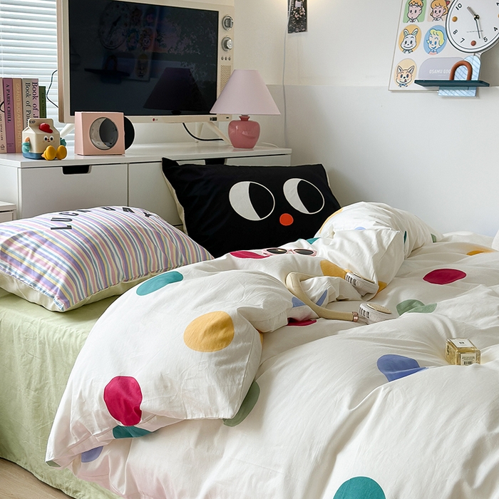 91家纺网 家纺一手货源 找家纺 昔可家纺 2023新款全棉大版数码枕套四件套 彩色波点