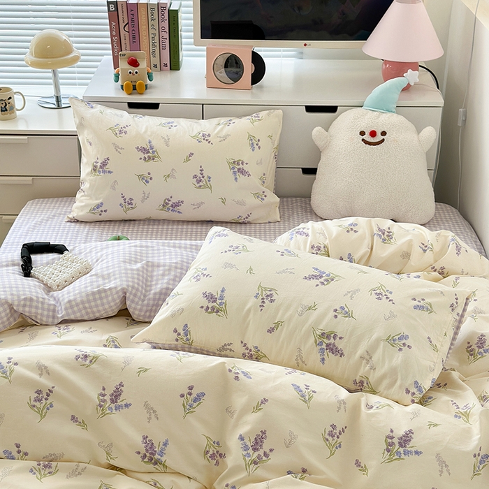 91家纺网 家纺一手货源 找家纺 昔可家纺 2023新款全棉治愈风小碎花四件套 紫薰衣草