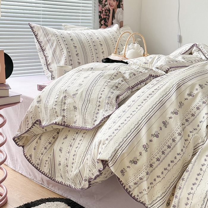 91家纺网 家纺一手货源 找家纺 2023新款全棉印花贝壳三角针四件套 紫色小玫瑰花