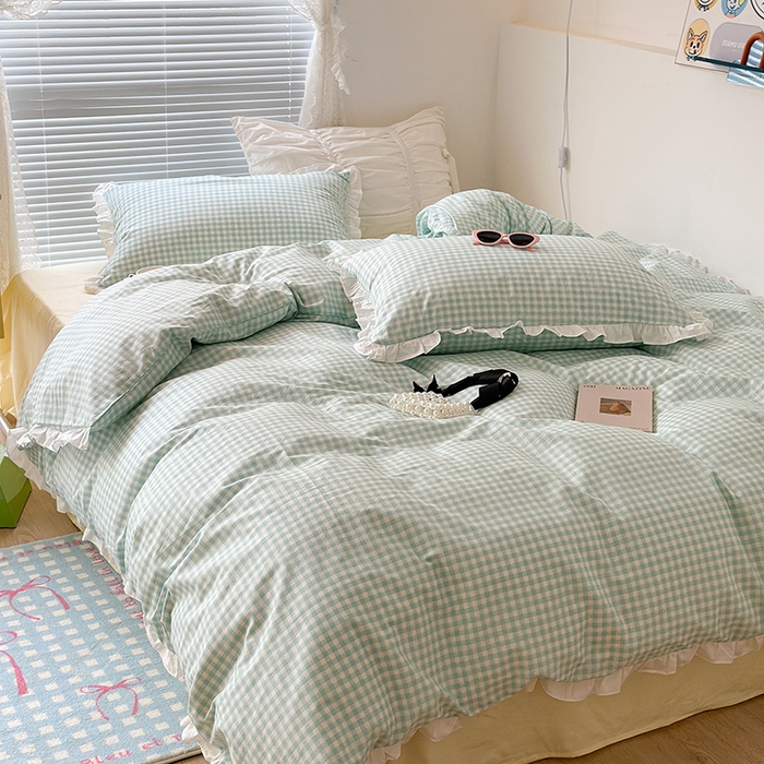 91家纺网 家纺一手货源 找家纺 昔可家纺 2023新款全棉花边款小格子四件套 蓝绿格
