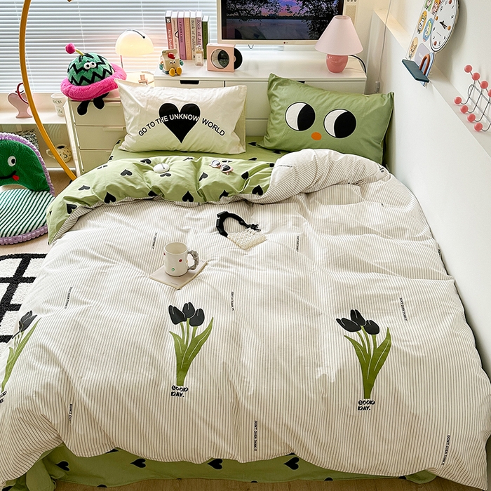 91家纺网 家纺一手货源 找家纺 昔可家纺 2023新款全棉大版数码枕套四件套 细条黑色郁金香