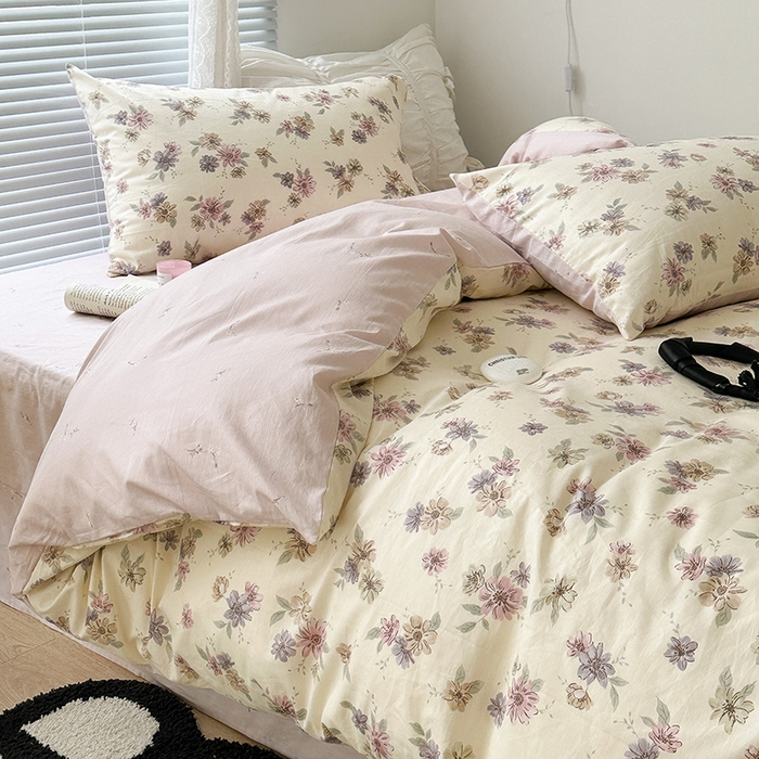 91家纺网 家纺一手货源 找家纺 昔可家纺 2023新款全棉治愈风小碎花四件套 海棠紫