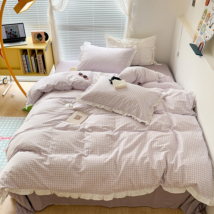 91家纺网 家纺一手货源 找家纺 （总）昔可家纺 2023新款全棉花边款小格子四件套