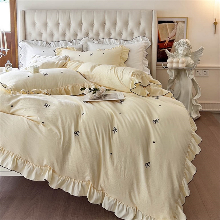 91家纺网 家纺一手货源 找家纺 梦可莱 2023新款水洗棉蝴蝶结花边刺绣四件套 蝴蝶结-黄