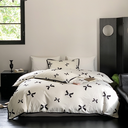 91家纺网 家纺一手货源 找家纺 昔可家纺 2023新款全棉复古风黑花边四件套（风格一） 富家千金蝴蝶结