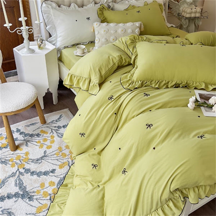 91家纺网 家纺一手货源 找家纺 梦可莱 2023新款水洗棉蝴蝶结花边刺绣四件套 蝴蝶结-牛油果绿