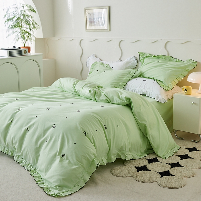 91家纺网 家纺一手货源 找家纺 梦可莱家居 2023新款韩版花边刺绣洛丽塔四件套 洛丽塔-浅绿色