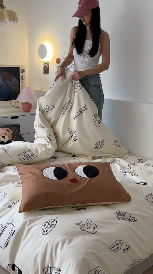 91家纺网 家纺一手货源 找家纺 昔可家纺 2023新款全棉大版数码枕套四件套 涂鸦早餐