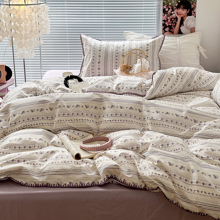 91家纺网 家纺一手货源 找家纺 2023新款全棉印花贝壳三角针四件套 紫色小玫瑰花